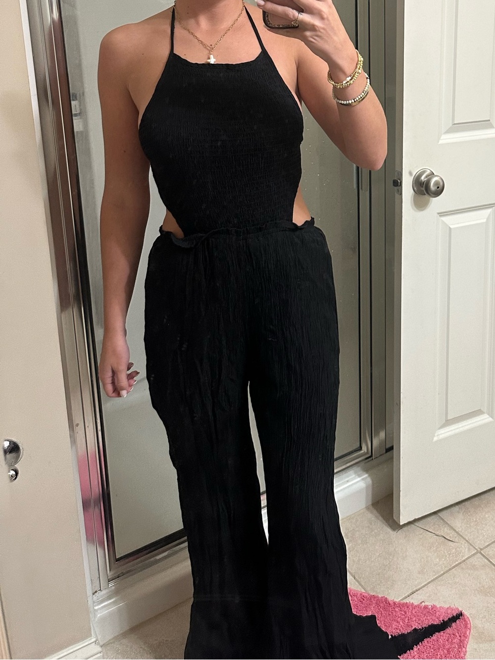 HYFVE Black Halter Wide-Leg Cutout Jumpsuit